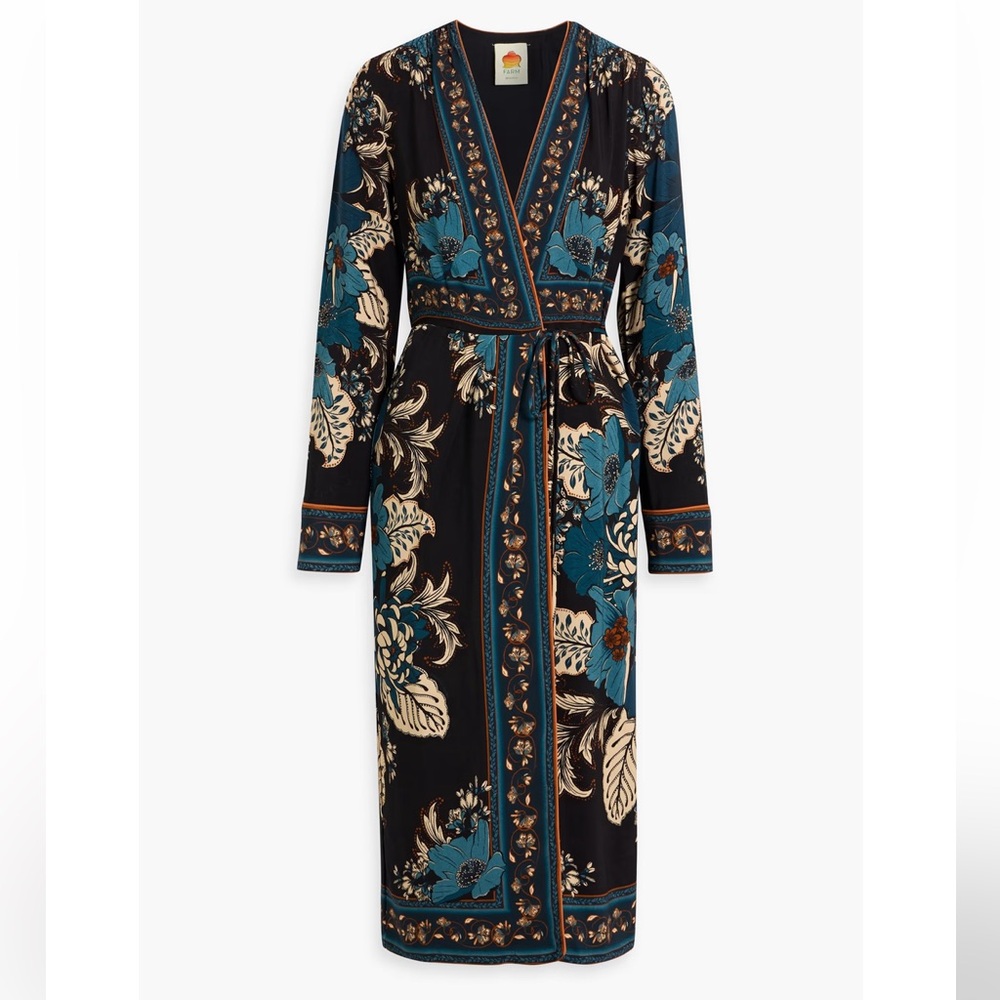 FARM Rio Blossom Tapestry Long Sleeve Wrap Dress Midi S